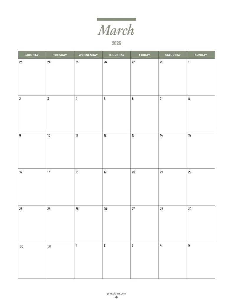 Free printable 2026 calendar for March in olive color