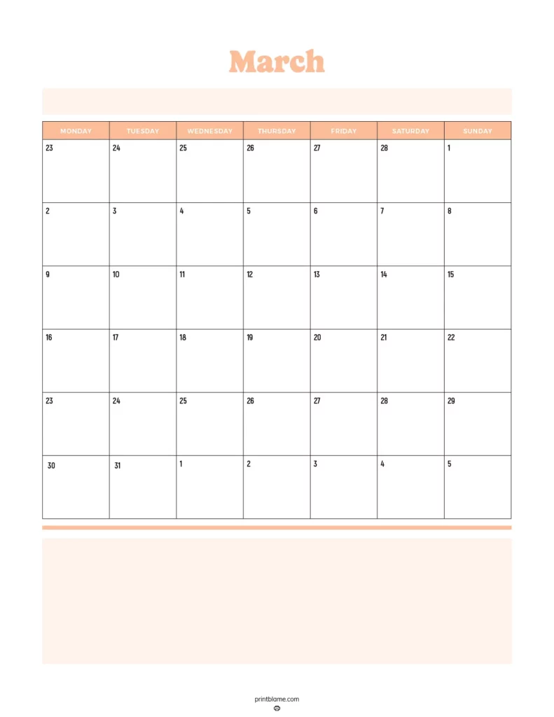 March 2026 calendar free to print in bright orange colors