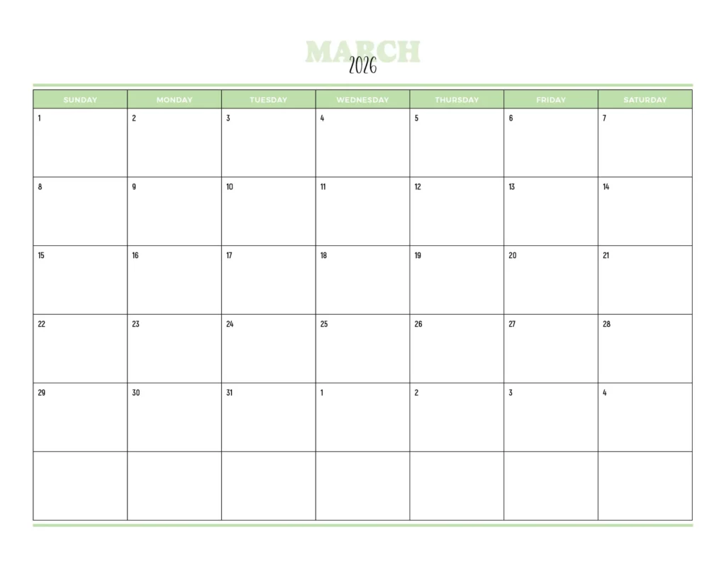 2026 March calendar in lime green design