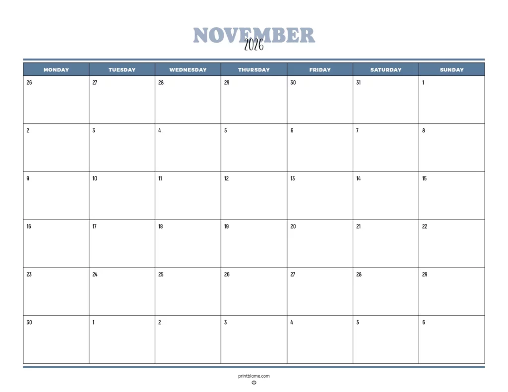 November 2026 printable calendar in deep blue color