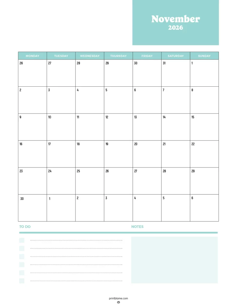 Free printable November 2026 calendar in teal