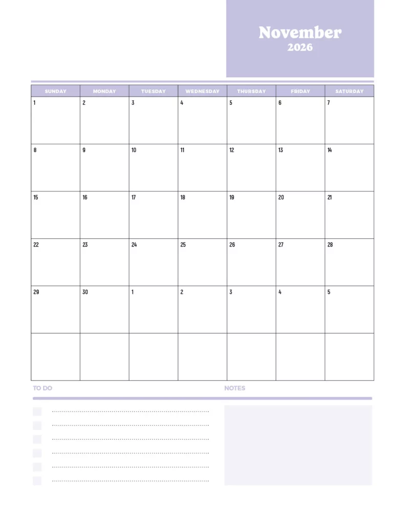 Monthly calendar November 2026 in pastel purple design