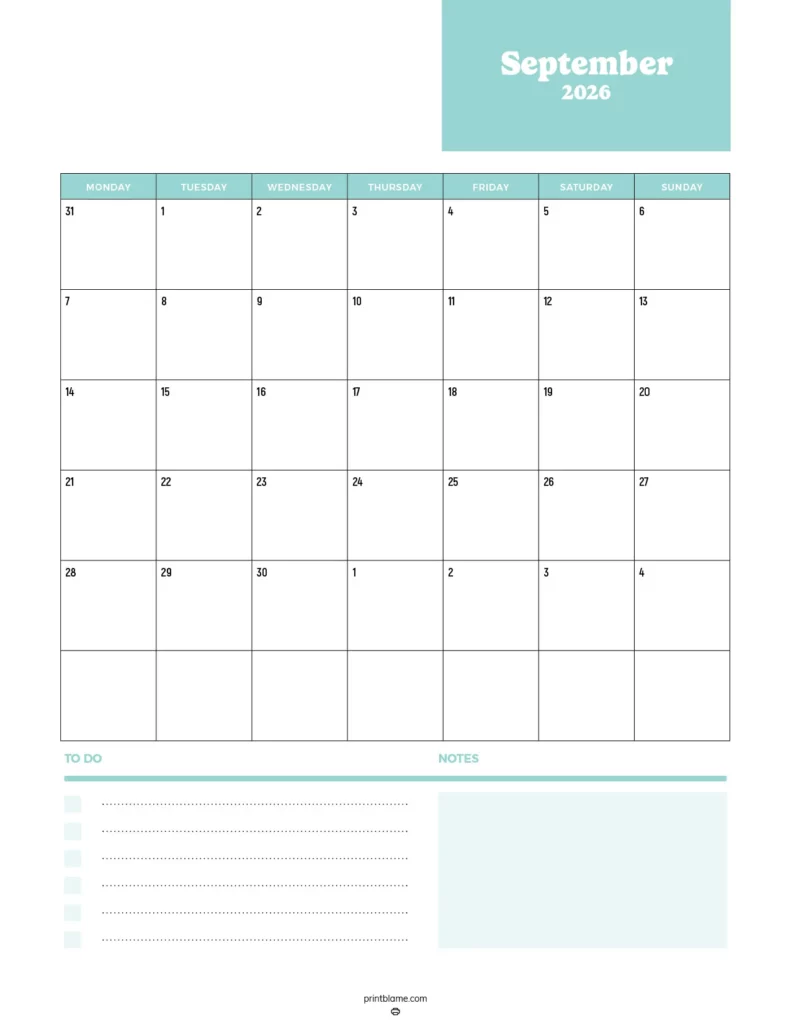 Simple September calendar 2026 in teal colors, vertical layout