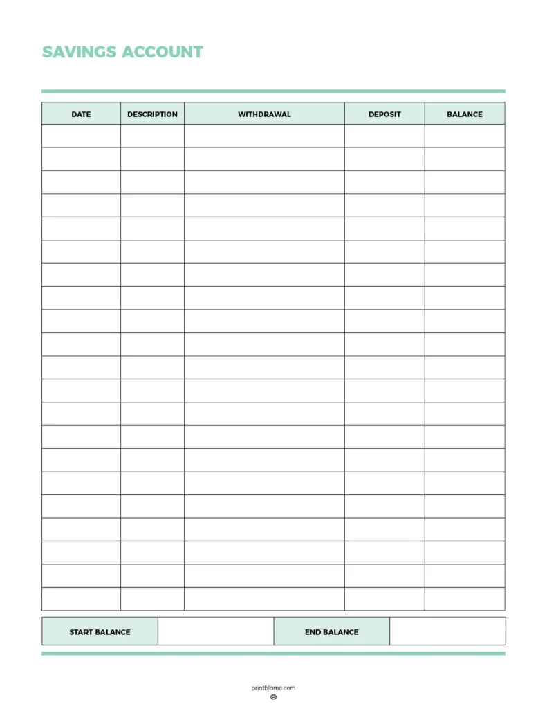 Savings account tracker template featuring a clean layout with sections for date, description, withdrawal, deposit, and balance, using a light color palette.