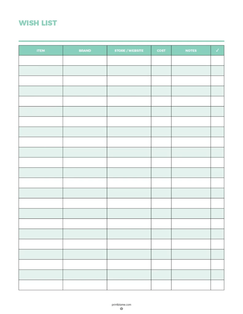 Printable wish list in a clean, minimalistic design featuring a light green color scheme.