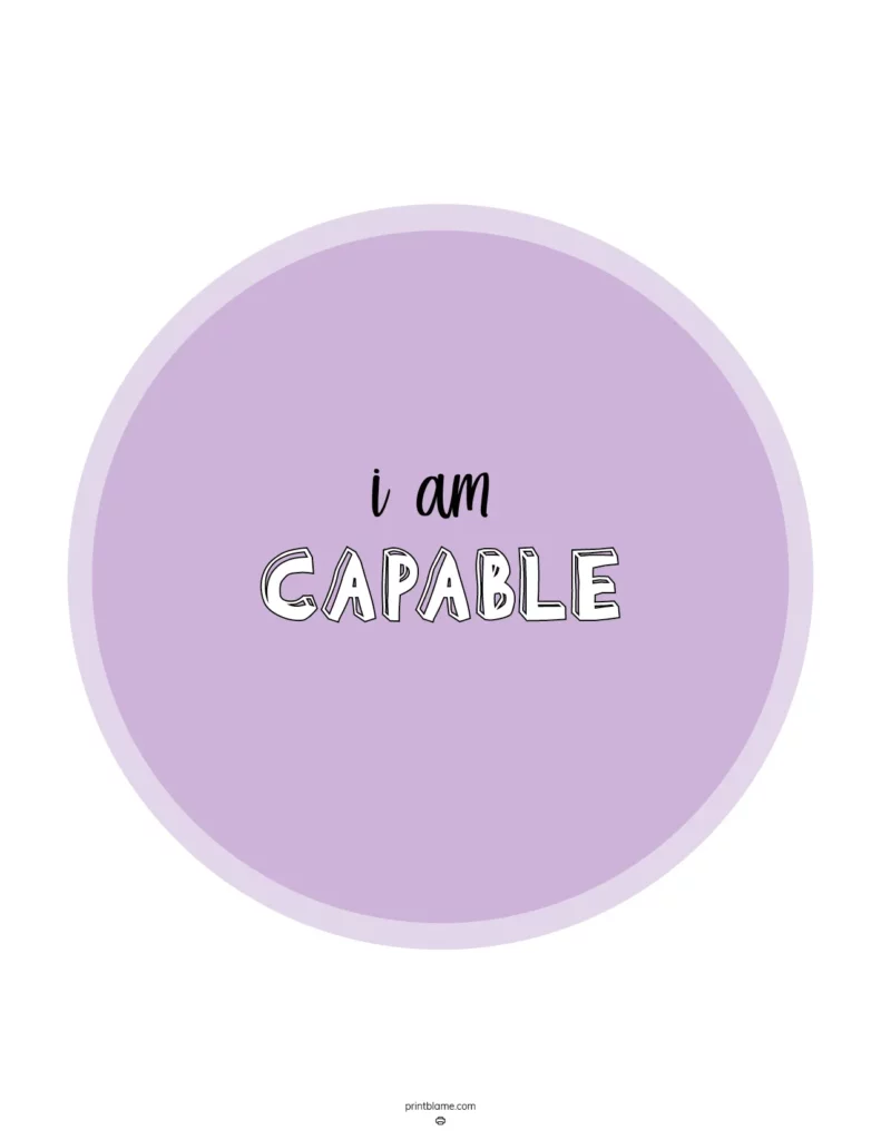 Capable affirmation station poster featuring a soft lavender background with the phrase "i am CAPABLE" prominently displayed in bold, playful typography.
