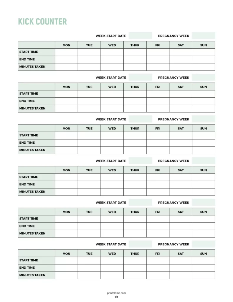 Pregnancy kick tracker template with a clean design, table layouts, and areas to fill out start/end times and minutes taken for each day of the week.
