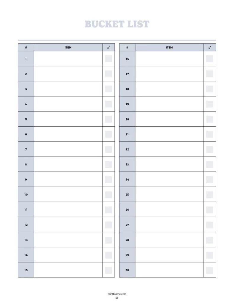 Kids bucket list template featuring a clean layout with two columns for item numbers and descriptions, and checkboxes for task completion.