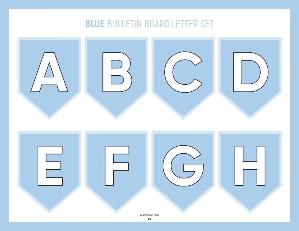Blue bulletin board letters are displayed on a soft blue background, featuring large, white letter designs in a clean, bold font.
