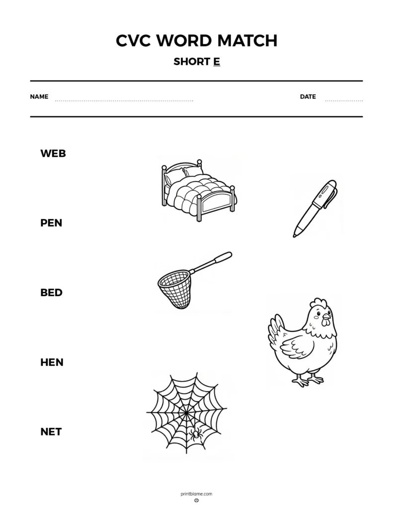 CVC short vowel worksheets featuring a word match activity with illustrations.