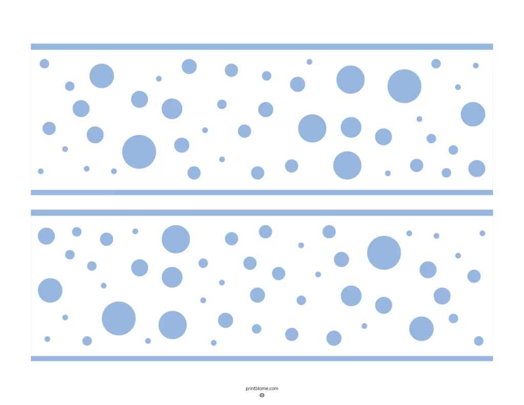 Blue polka dot bulletin board border featuring a playful combination of varying-sized light blue circles on a white background.
