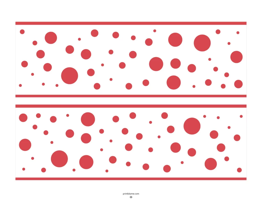 Red polka dot bulletin board border featuring a playful design of varying-sized red dots on a white background.