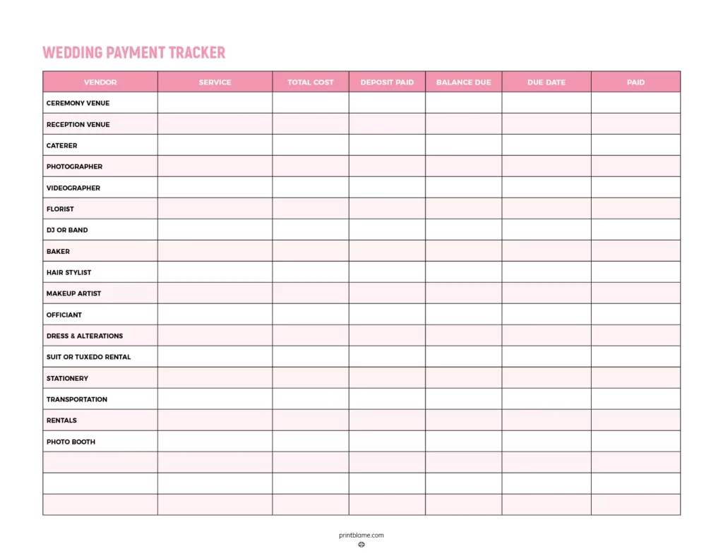 Wedding payment tracker template featuring a clean layout with a pink and white color scheme, designed to track vendor payments and due dates.