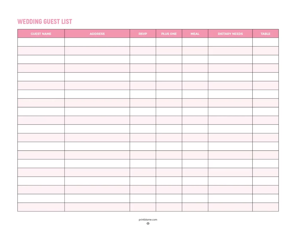 Wedding guest list template printable featuring a clean design with pink accents and multiple columns for organizing guest information.