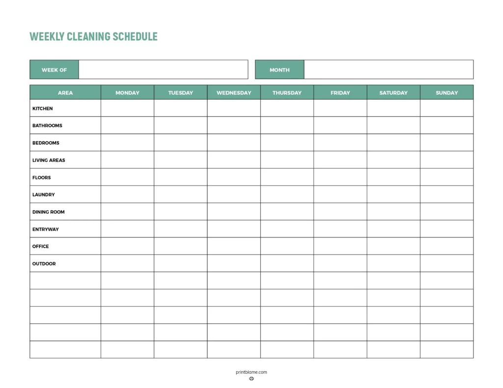 Weekly cleaning schedule in a clean, minimalist layout featuring sections for each day of the week and areas to clean.