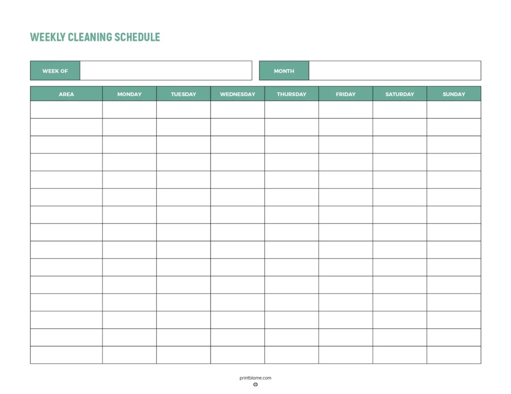 Weekly cleaning list featuring a structured layout with designated spaces for tracking cleaning activities for each day of the week.