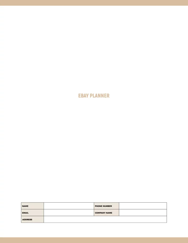 Reseller planner cover in soft beige featuring &ldquo;EBAY PLANNER&rdquo; text with designated fields for name, phone number, email, company name, and address.