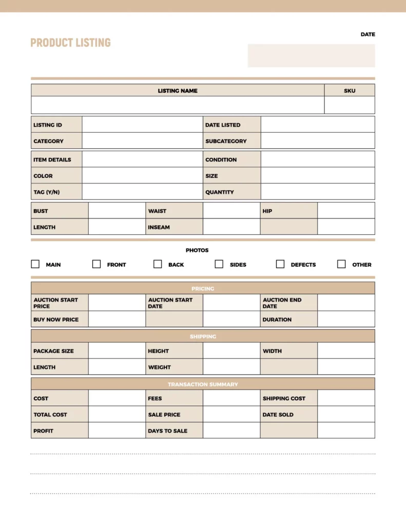 Product listing template in neutral tones featuring organized sections for listing details, pricing, shipping, and transaction summary.