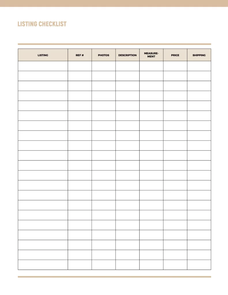 Listing checklist featuring organized columns for reference number, photos, description, measurement, price, and shipping options.