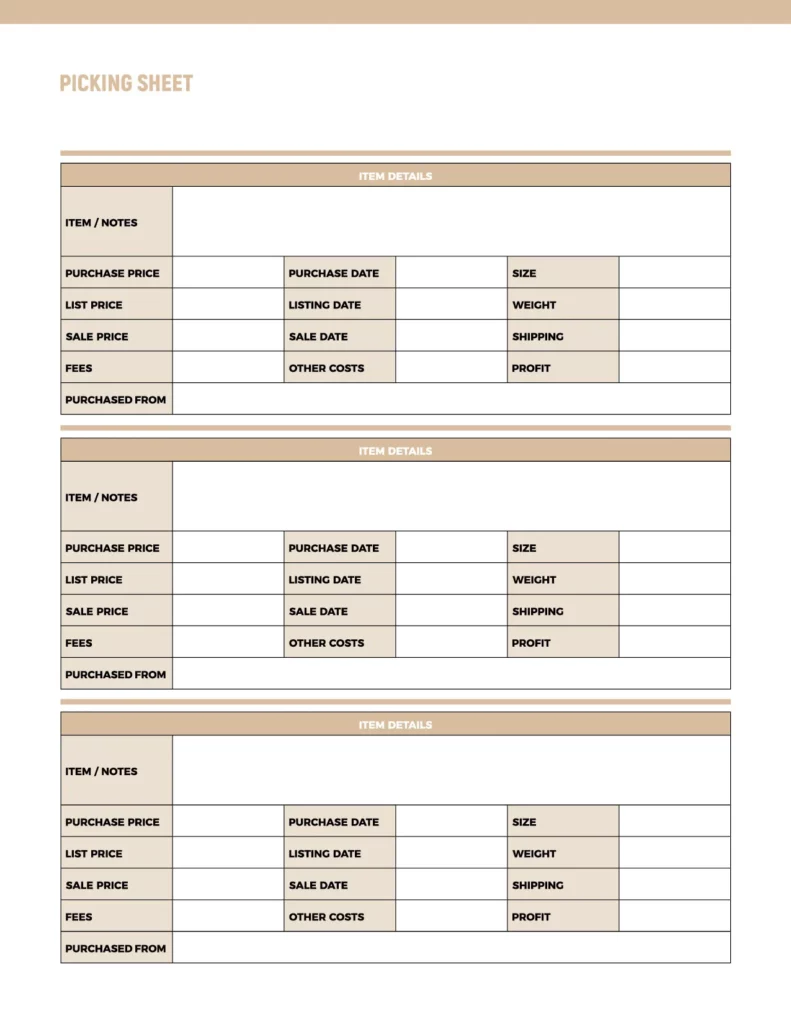 Picking sheet featuring structured sections for item details, including purchase price, sale price, and other relevant metrics.