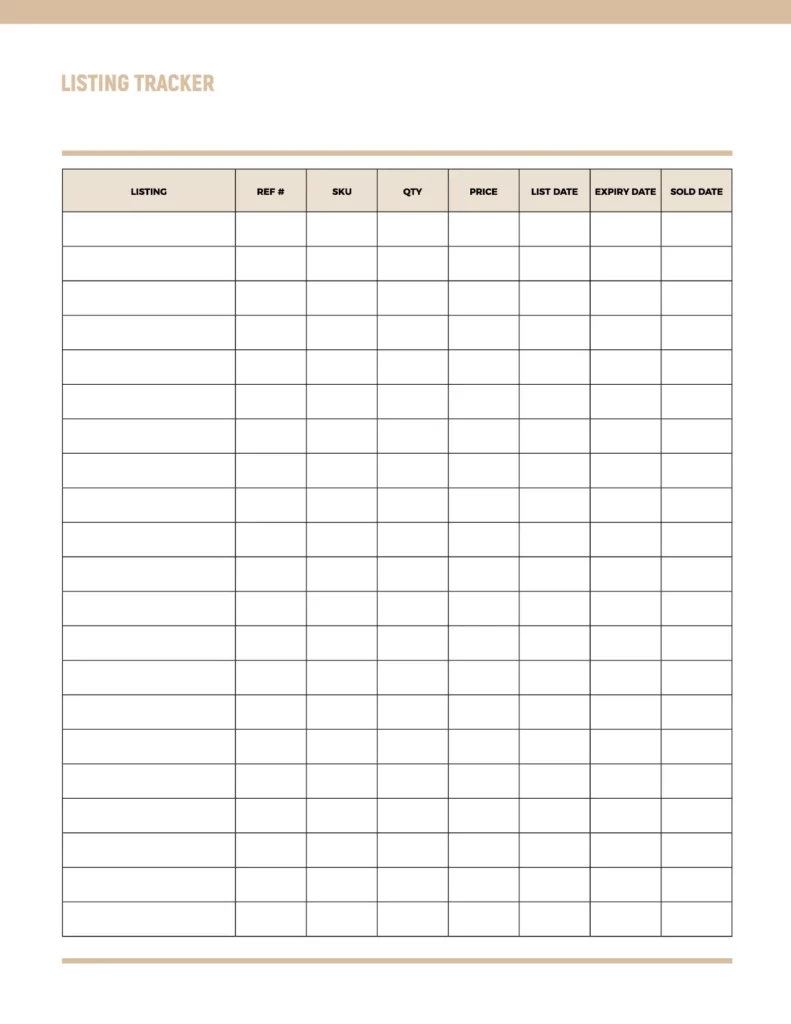 Listing tracker template with structured rows and columns for organized inventory management.