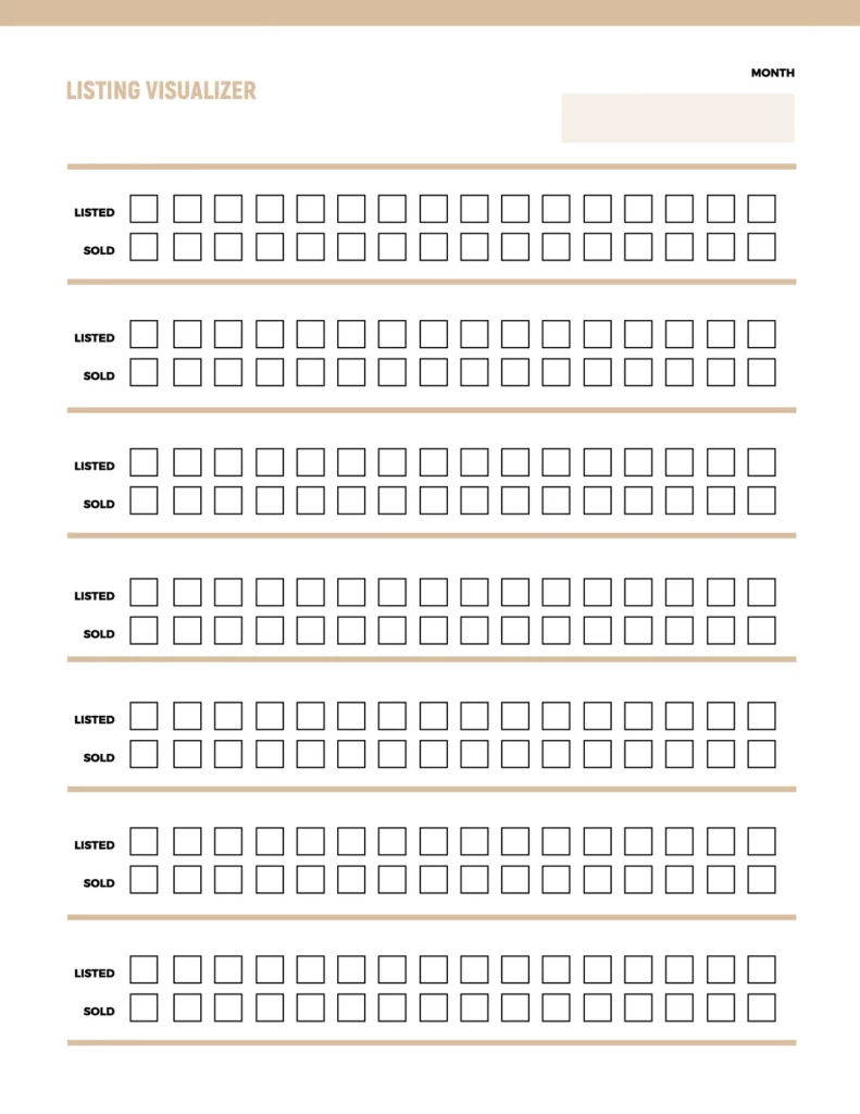 Listing visualizer template featuring organized sections for tracking listed and sold items, with a clean, minimalistic design.