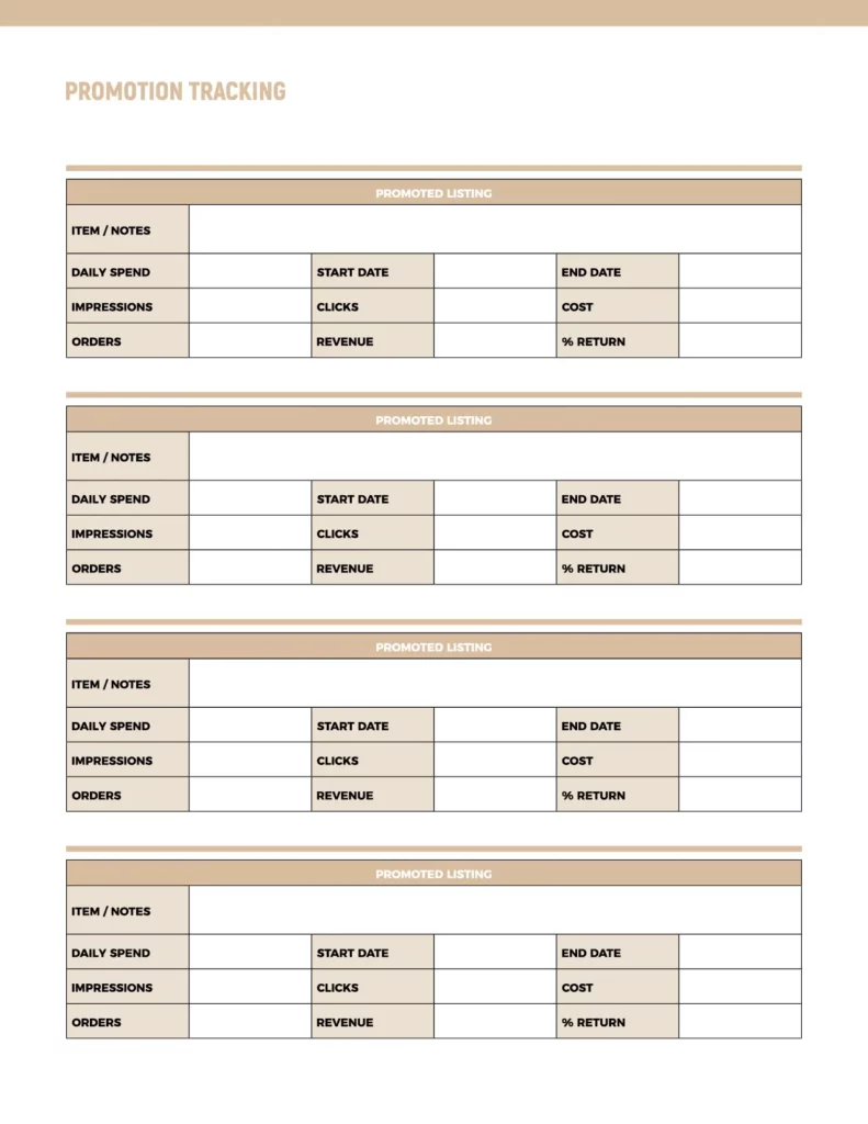 Promotion tracking template featuring multiple sections for tracking daily spend, start and end dates, and various performance metrics.