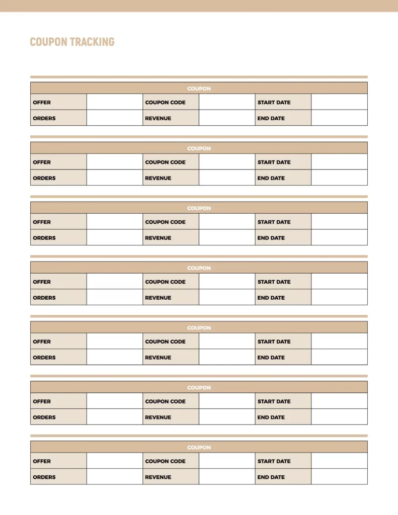 Coupon tracking template featuring multiple rows for offers, coupon codes, start and end dates, and revenue tracking in a clean layout with a neutral color palette.