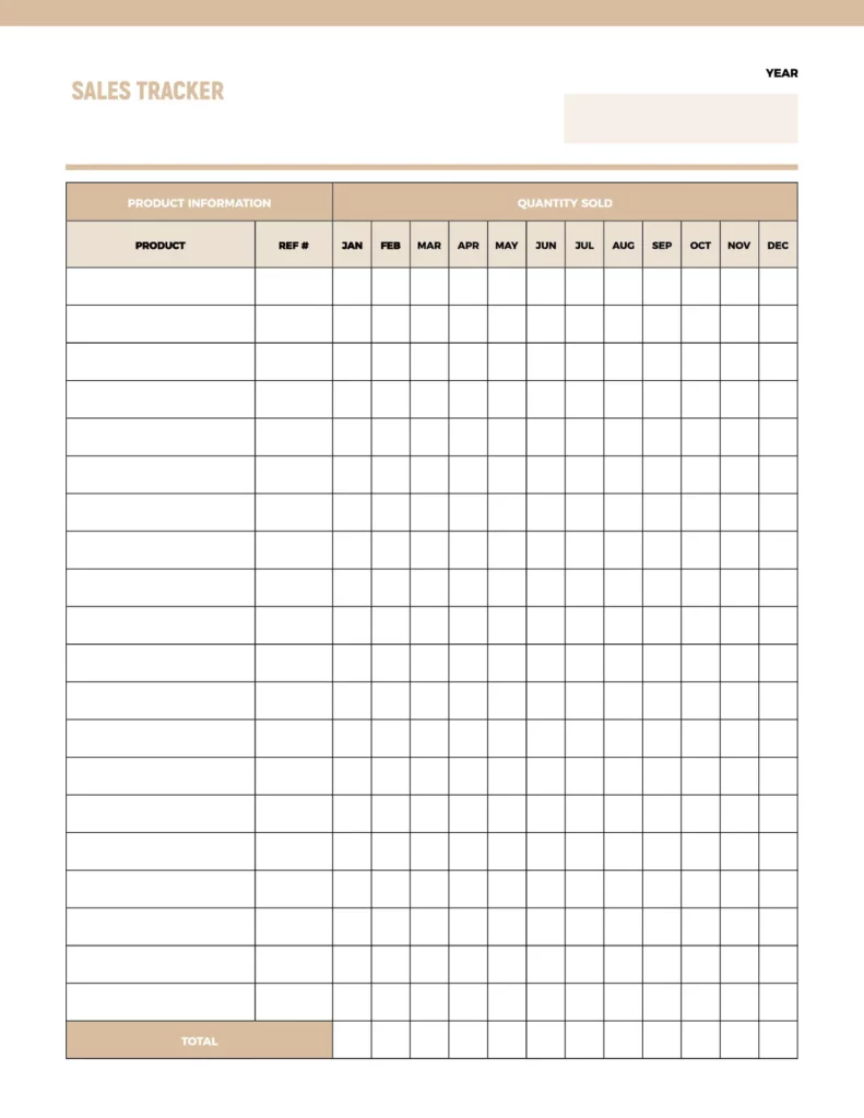 Sales tracker template featuring a clean layout with sections for product information and monthly quantity sold, in a neutral color scheme.