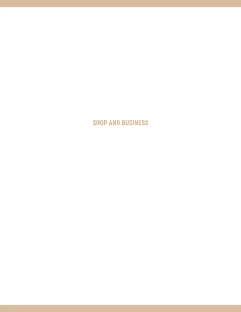 Shop and business cover page featuring a minimalist design with a light beige header and footer.