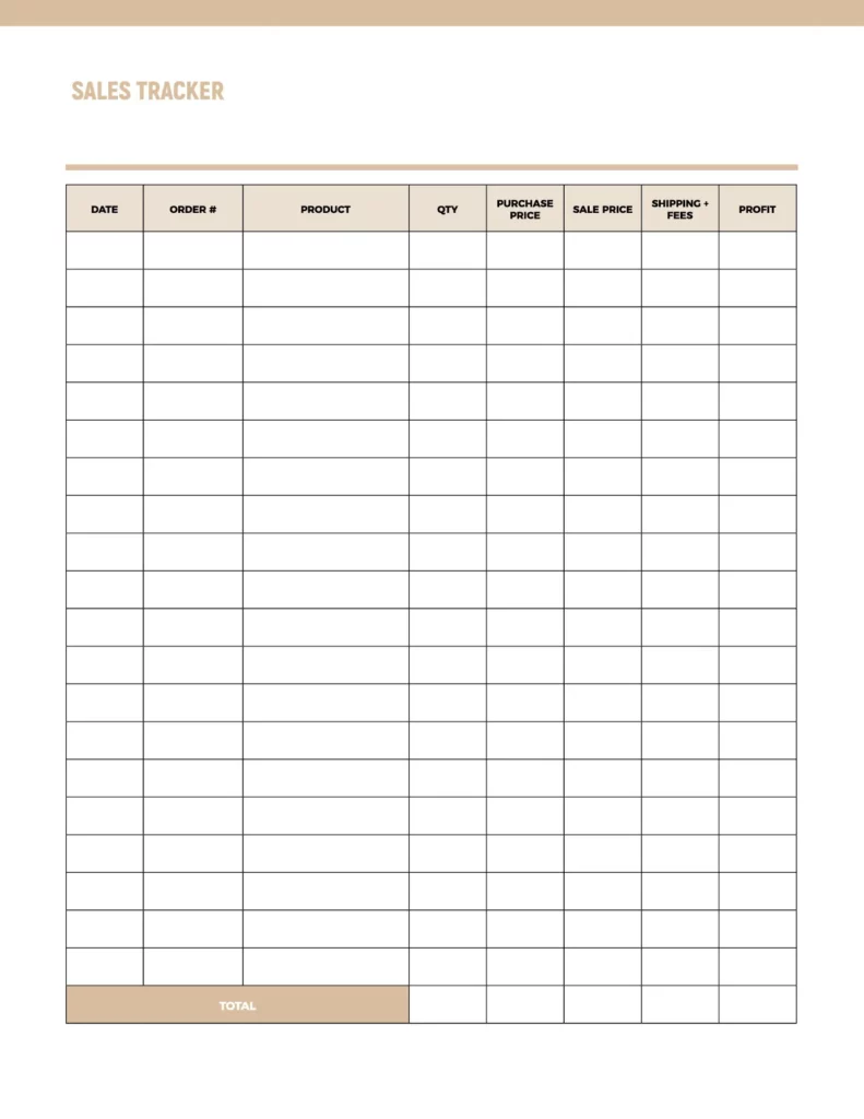 Sales tracker template featuring organized columns for date, order number, product, quantity, purchase price, sale price, shipping and fees, and profit.