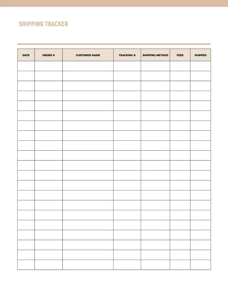 Shipping tracker template featuring a clean layout with clearly defined columns for order details.