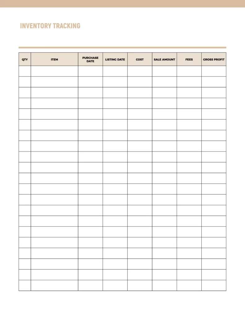 Inventory tracking template featuring organized columns for managing stock details.