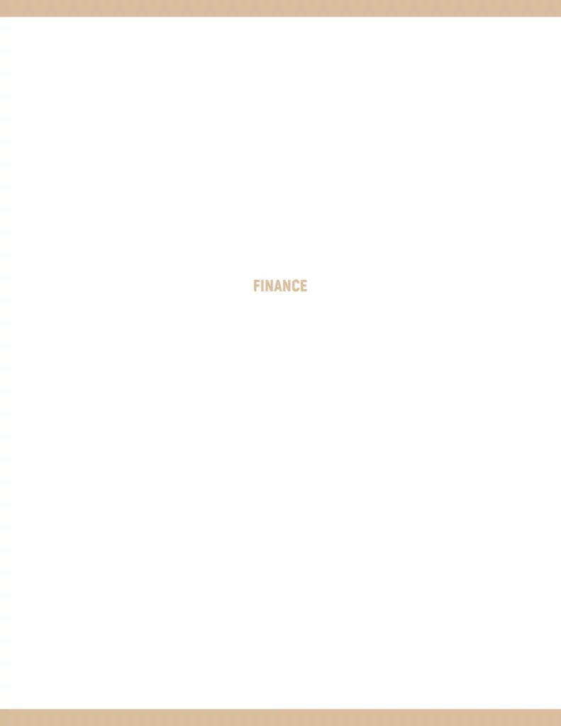 Finance cover page template featuring a minimalist design with a beige header and footer, and centered text in a stylish font.