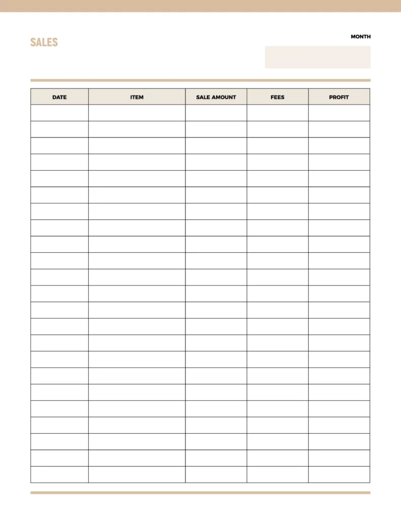 Sales template featuring a clean layout with sections for date, item, sale amount, fees, and profit in neutral colors.