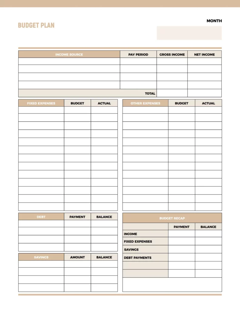 Budget plan template featuring sections for income sources, fixed expenses, debt, savings, and a budget recap, designed in a clean, organized layout with soft beige accents.