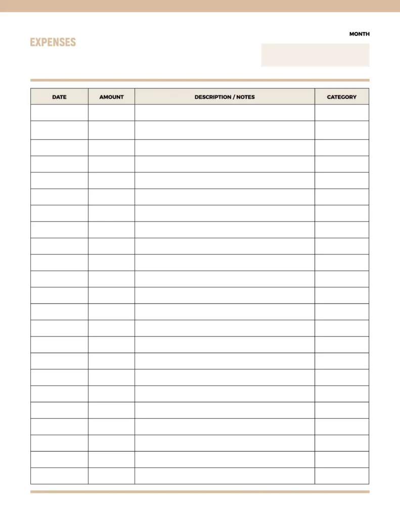 Expenses template in a minimalist design with a light beige header and black text, featuring columns for date, amount, description, and category.
