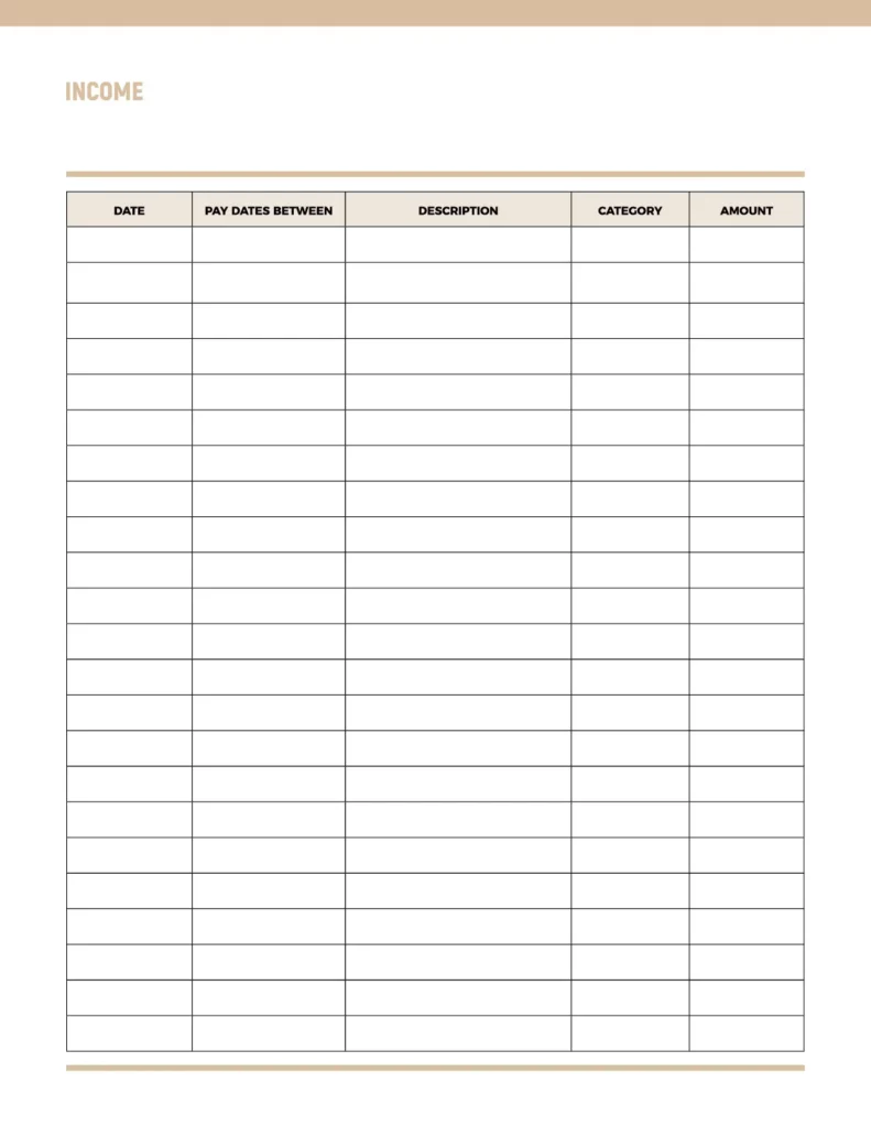 Income template features a clean, minimalistic design with a beige header, horizontal rows for data entry, and clearly labeled columns.