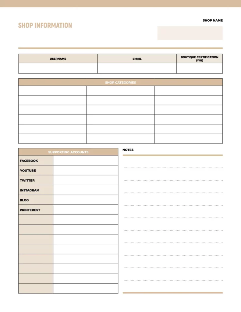 Shop information template featuring sections for username, email, boutique certification, shop categories, supporting accounts, and notes.