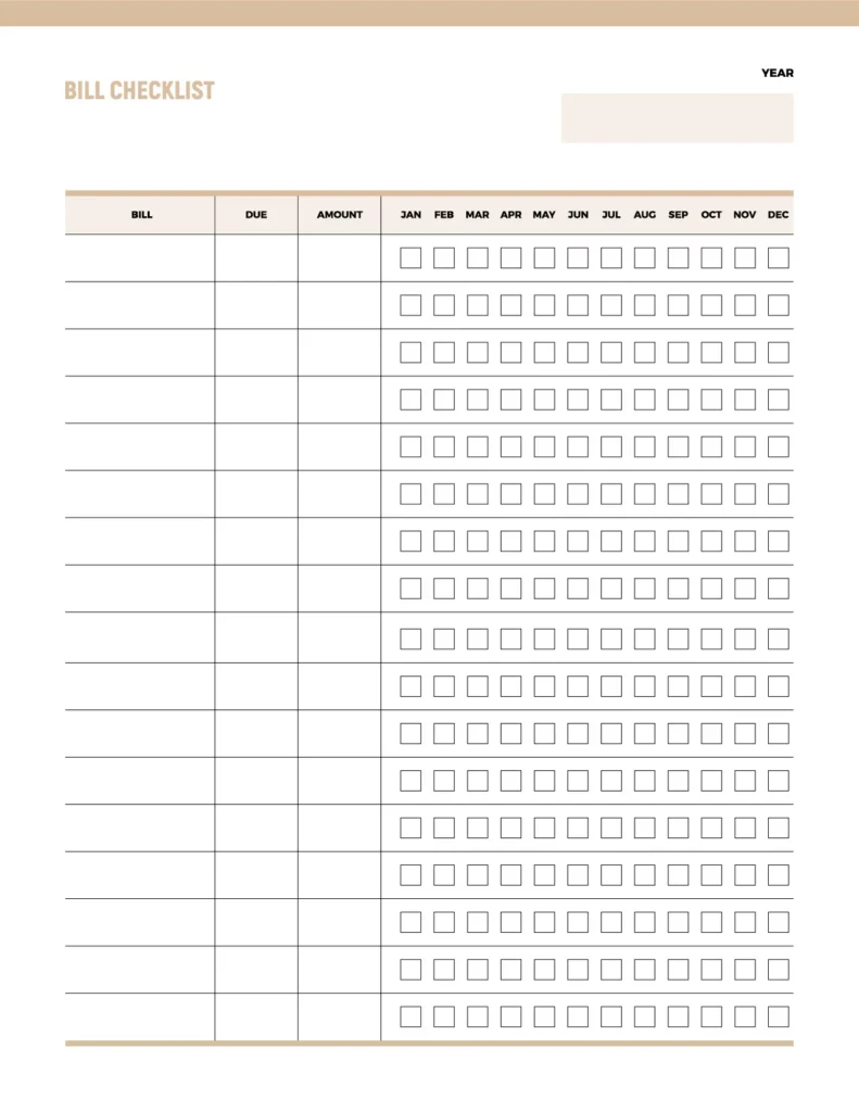 Bill checklist template with a clean layout, featuring rows for bills, due dates, amounts, and monthly checkboxes, styled in neutral colors.