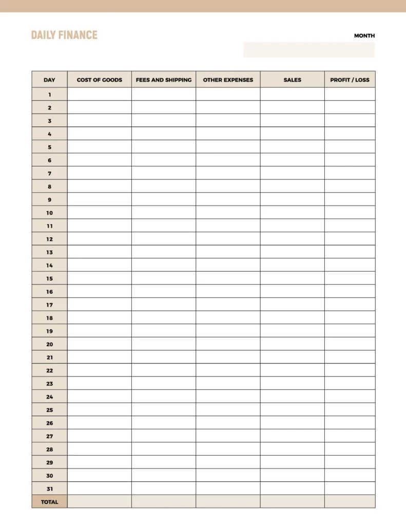 Daily finance template featuring a clean layout with sections for costs, expenses, sales, and profit/loss.