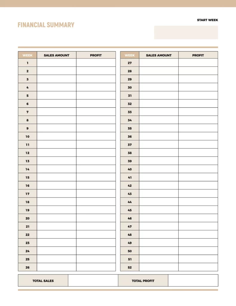 Financial summary template featuring a clean, organized layout in soft tones for tracking sales and profit over 26 weeks.