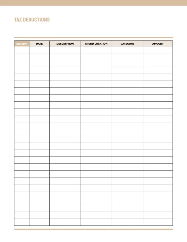 Tax deductions template with columns for receipt, date, description, spend location, category, and amount, featuring a clean layout with a light color scheme.