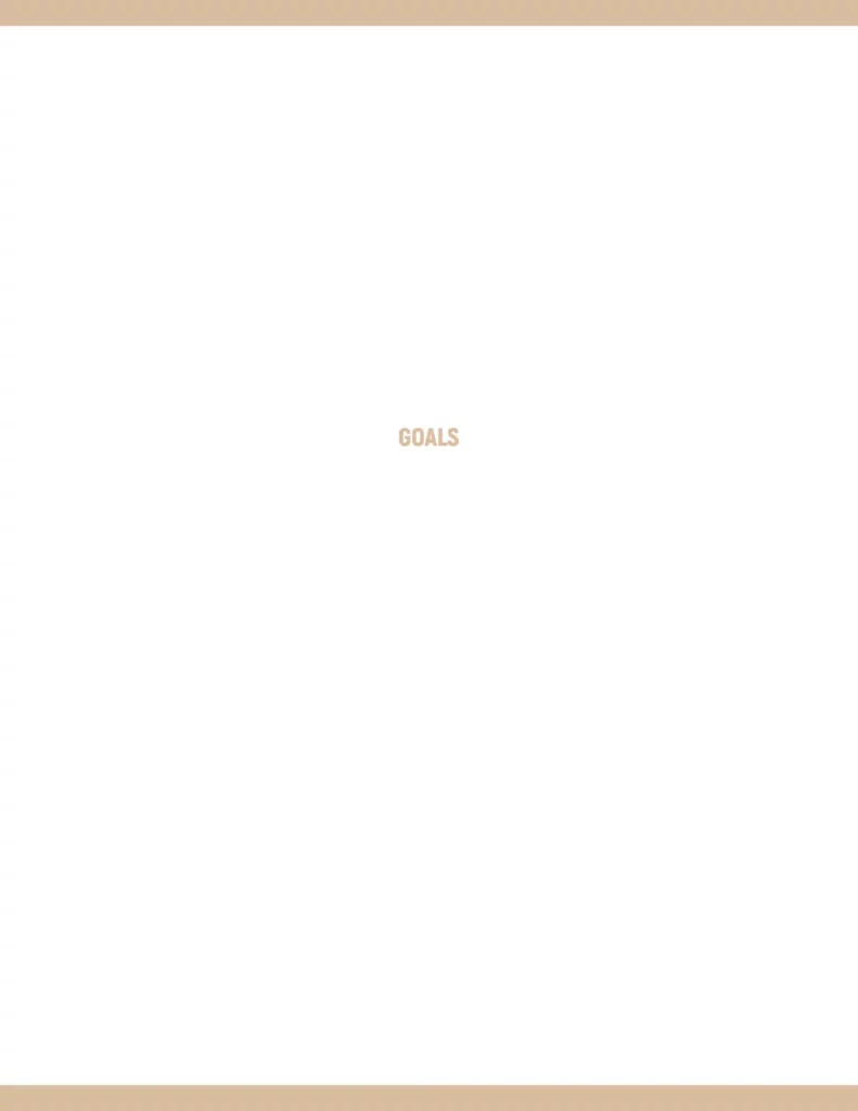 Goals cover page with a minimalistic design, featuring a beige header and footer, and the word "GOALS" centered in a light brown font.