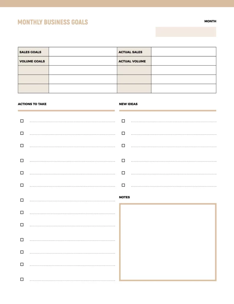 Monthly business goals template with a clean layout, featuring sections for sales goals, actual sales, volume goals, actions to take, and a notes section.