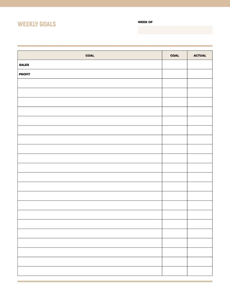 Weekly goals template featuring a clean layout with sections for sales and profit, in neutral colors.