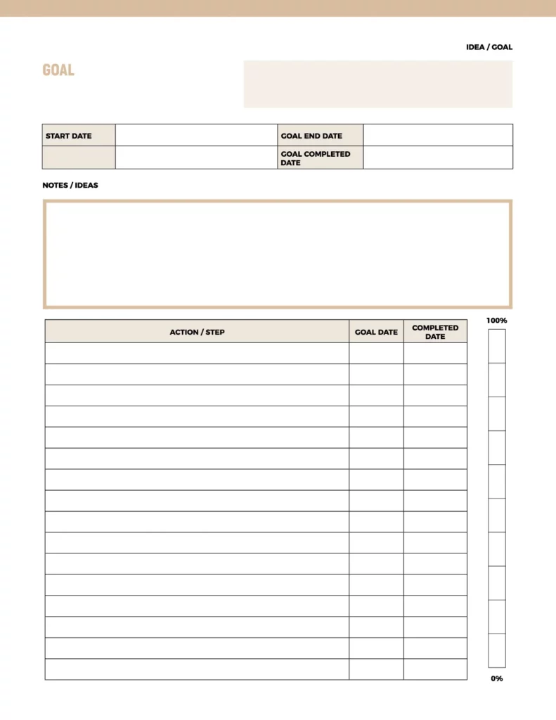 Goal template featuring sections for start date, end date, completed date, notes, and action steps, designed in a minimalist style with a neutral color palette.