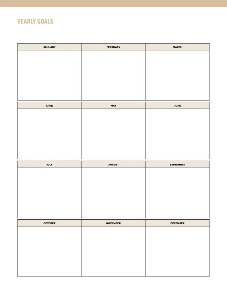 Yearly goals template featuring a clean, minimalist design with a light beige color scheme and organized monthly sections.