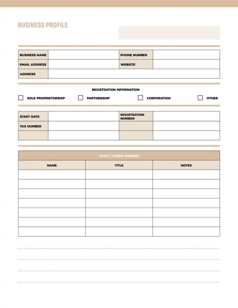 Business profile template featuring sections for essential business information in a clean and professional layout with neutral colors.