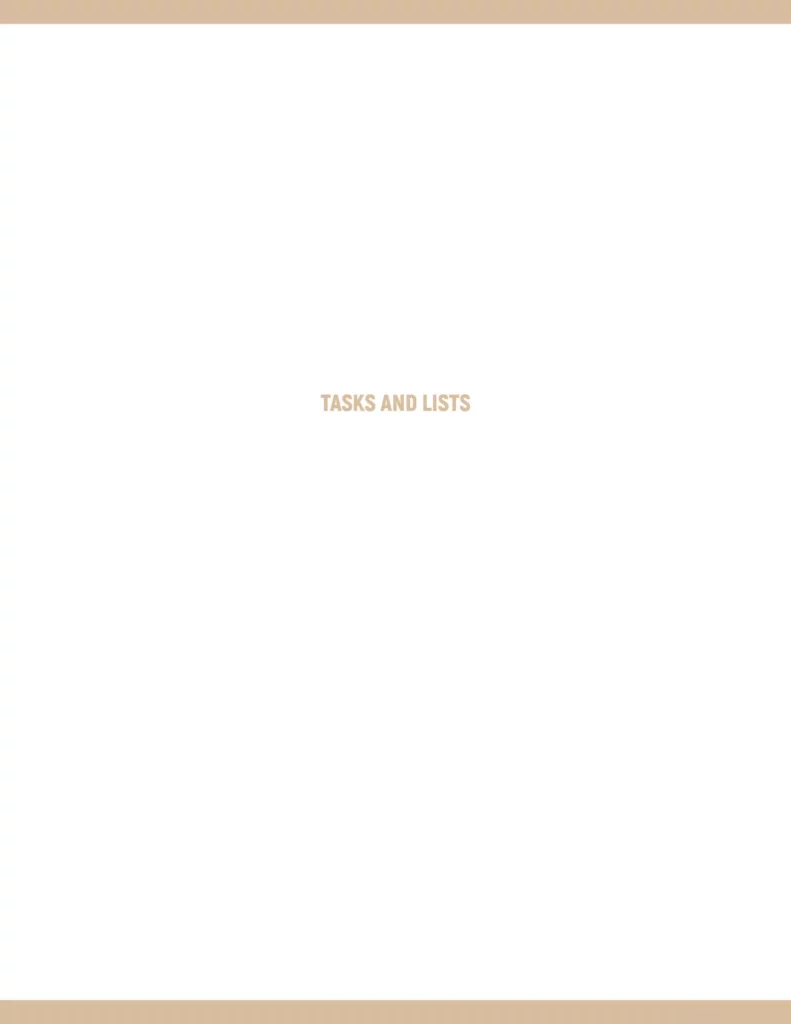 Tasks and lists cover page in a minimalistic design featuring a soft beige header and footer with elegant typography.